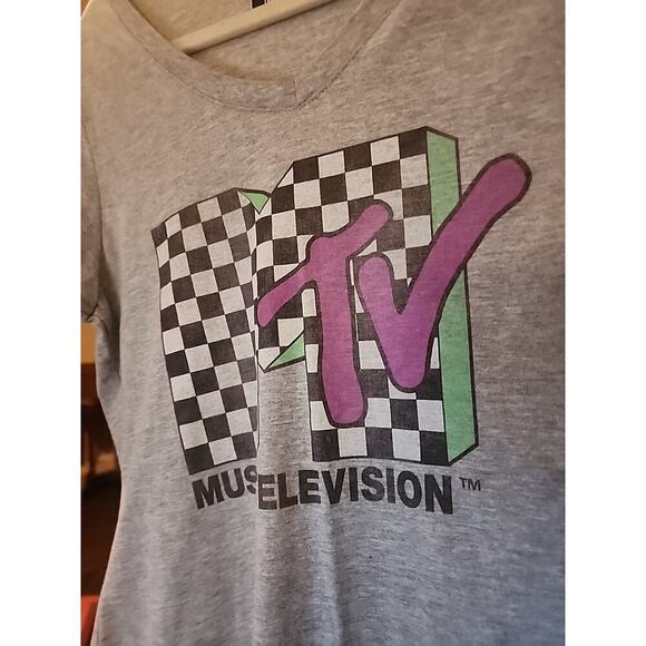 MTV Music Television Logo Womens Checkered Distressed T shirt Large New A129 - Picture 2 of 5